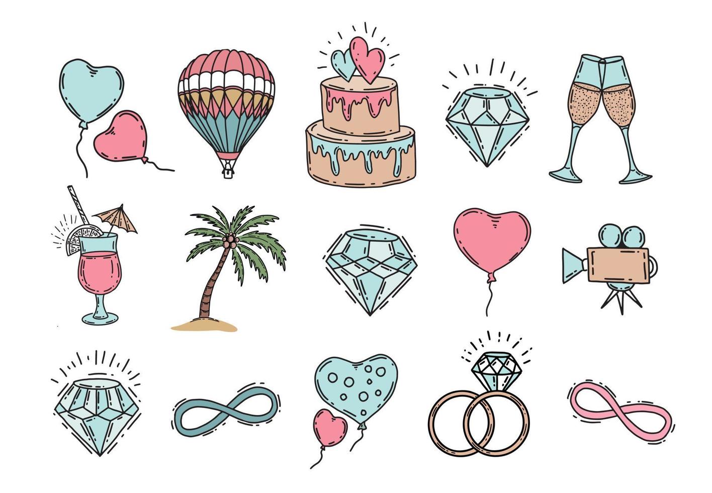 Set of vector wedding icons on a white background.