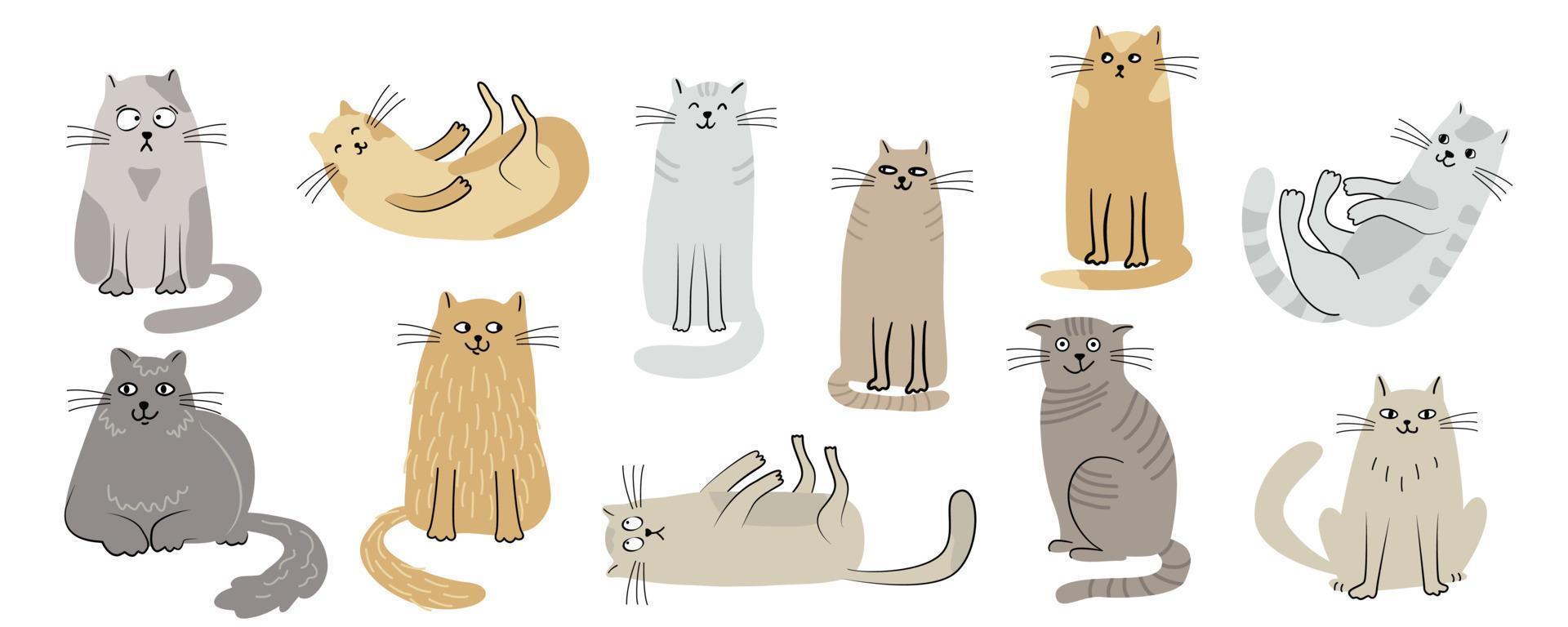 Cats set. Hand drawn flat vector illustration isolated on white background. Funny pet animal characters.
