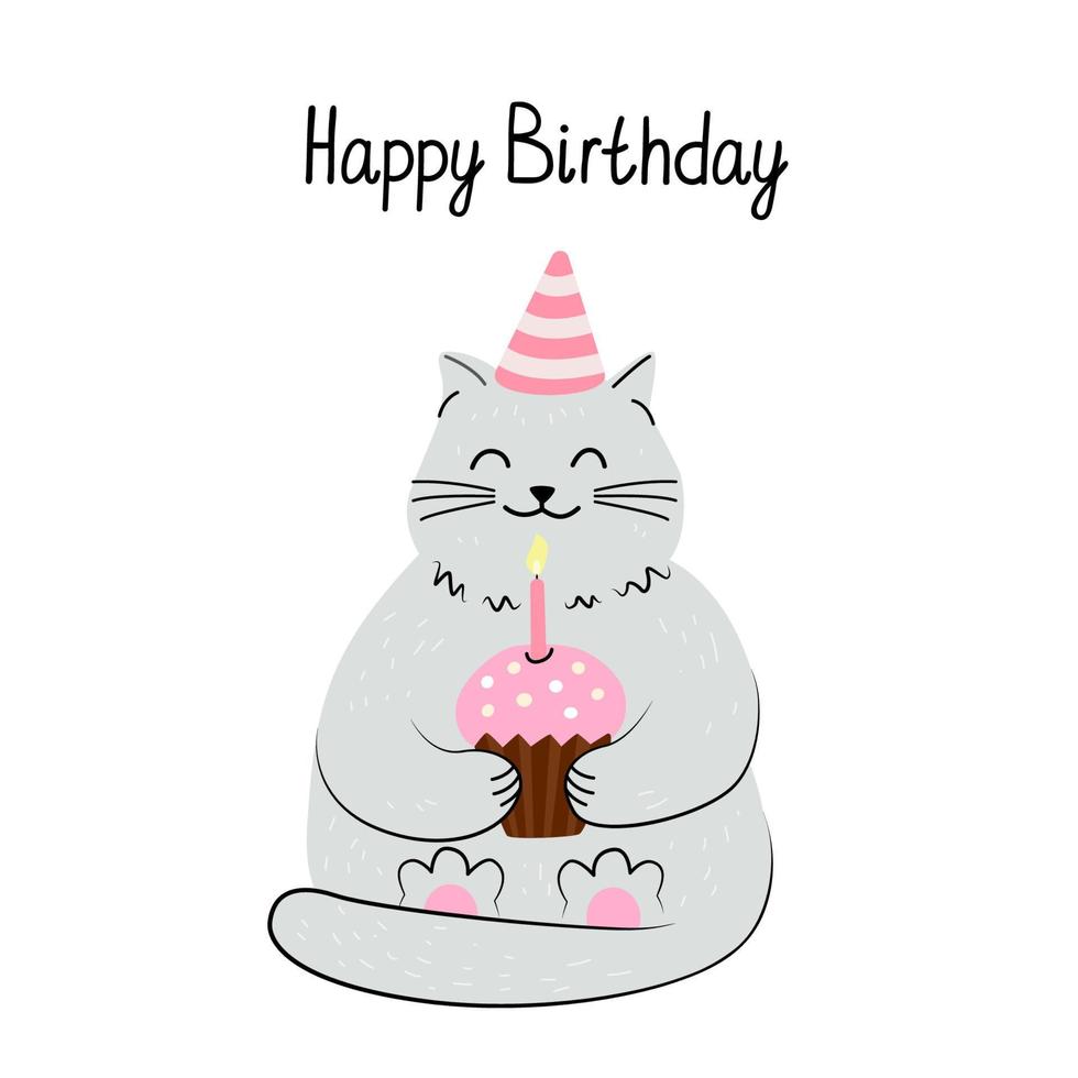 Greeting card with a cute cat and birthday cupcake. Hand drawn flat vector  illustration and Happy Birthday lettering.
