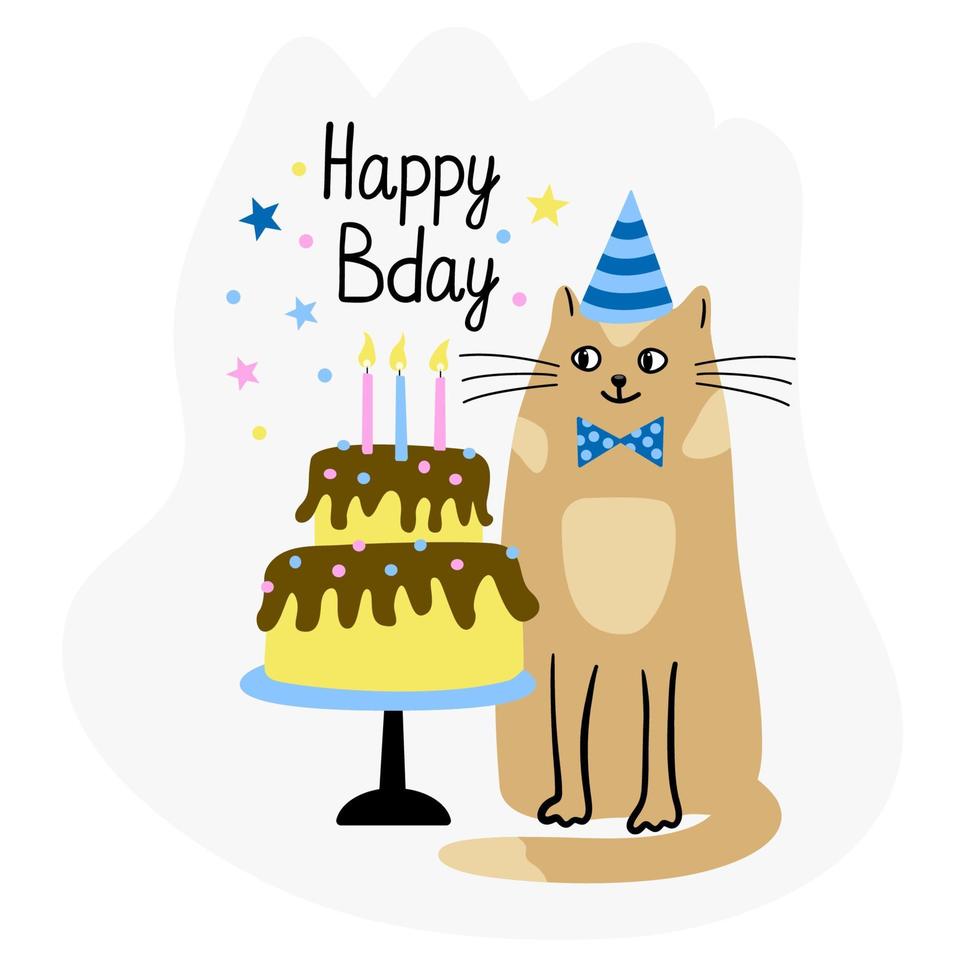 tarjeta de cumpleaños con gato y pastel y velas vector