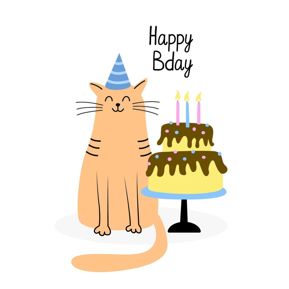 tarjeta de cumpleaños con gato y pastel y velas vector
