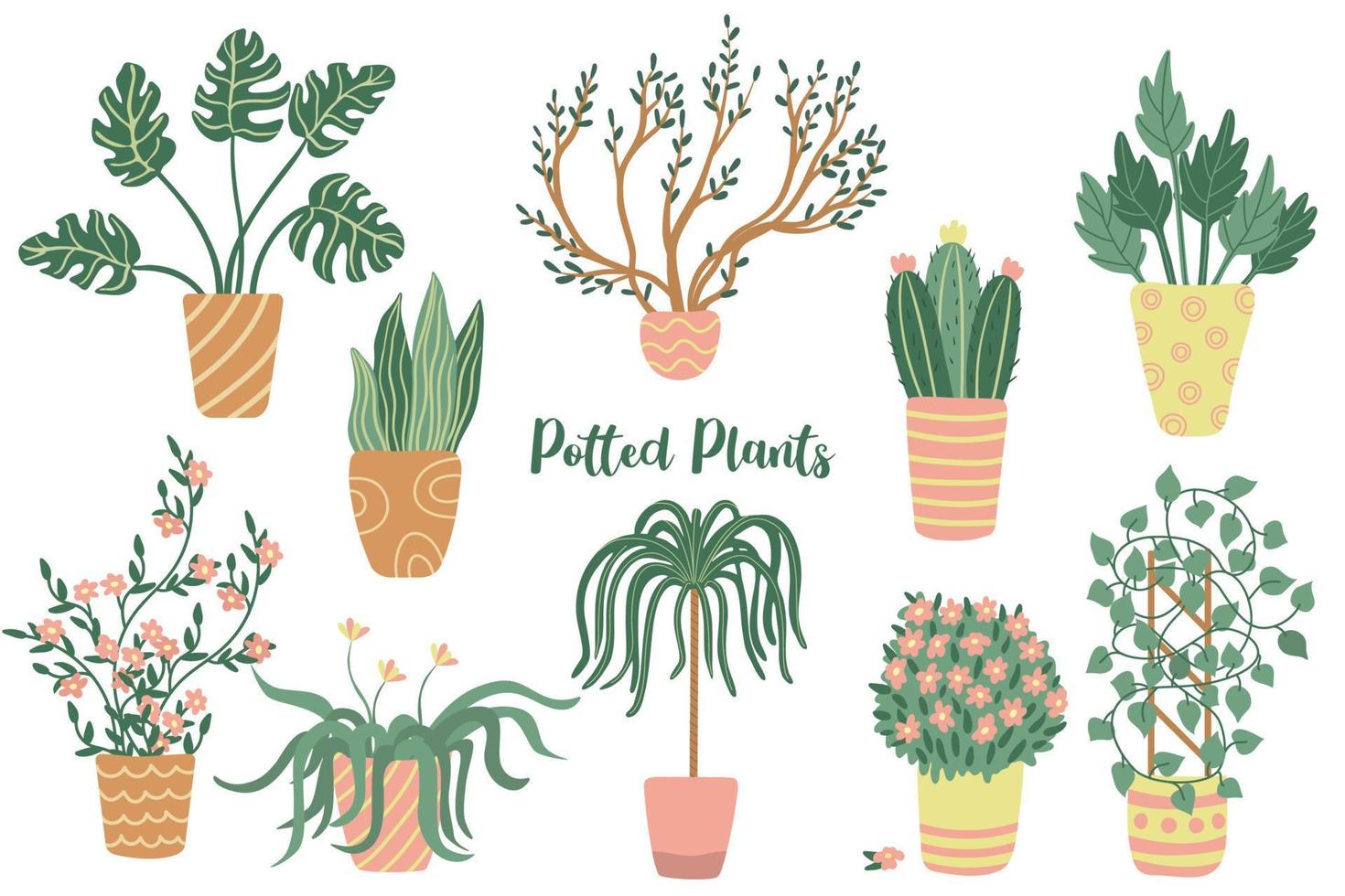 Houseplants set. Hand drawn flat vector illustrations of house plants isolated on white.  Potted plants clipart.