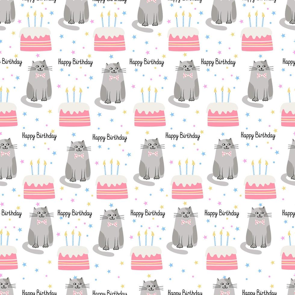 Vector seamless pattern with cats and birthday cakes. Hand drawn flat illustration and Happy Birthday lettering. Great for wrapping paper.
