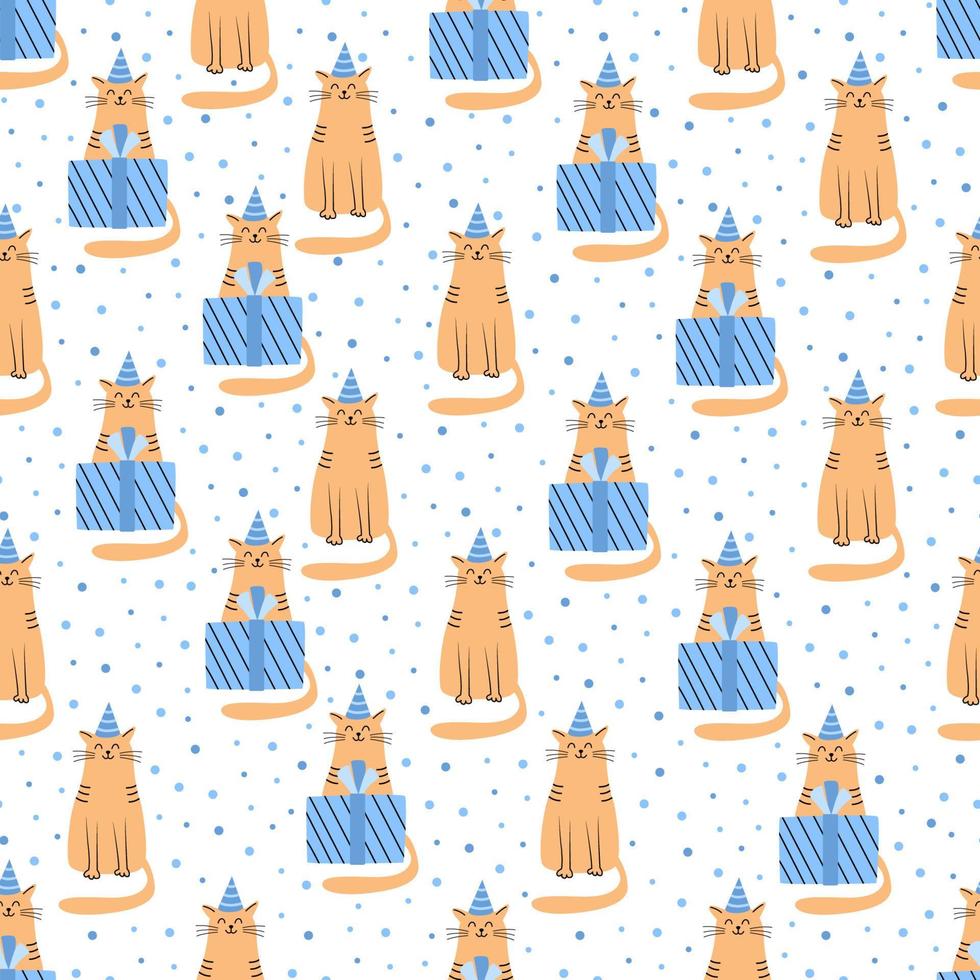 Vector seamless pattern with cats and gift boxes. Hand drawn flat illustration. Great for wrapping paper. Blue and orange colors.