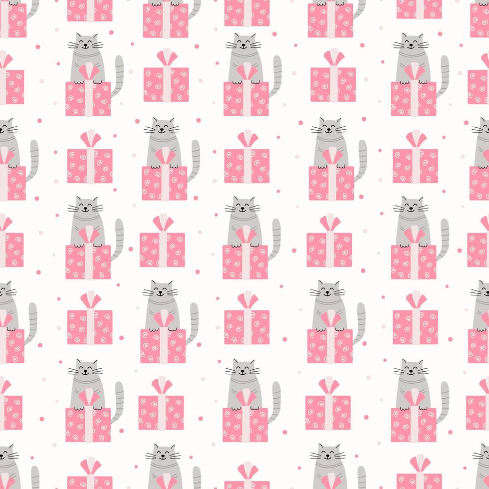 Vector seamless pattern with cats and gift boxes. Hand drawn flat illustration. Great for wrapping paper. Pink and gray colors