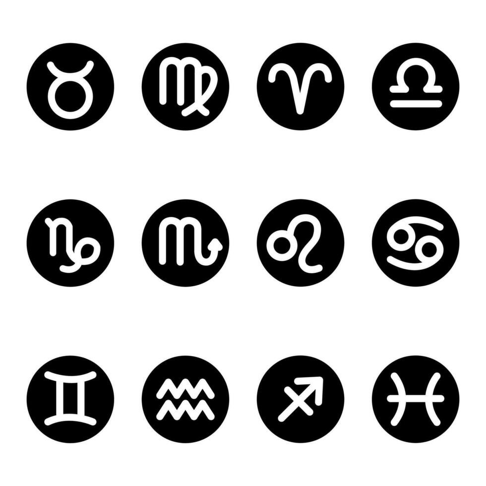 12 zodiac symbol icons white on black background round shape vector