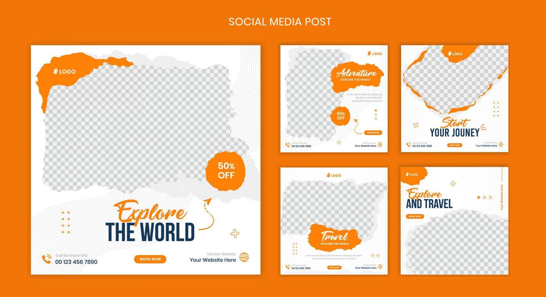 Travel Social media post bundle, brush effect tours and travels square post, Adventure post layout vector