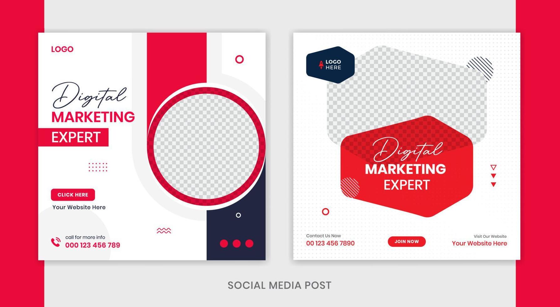 Red corporate social media post set, business agency square post template, digital marketing vector