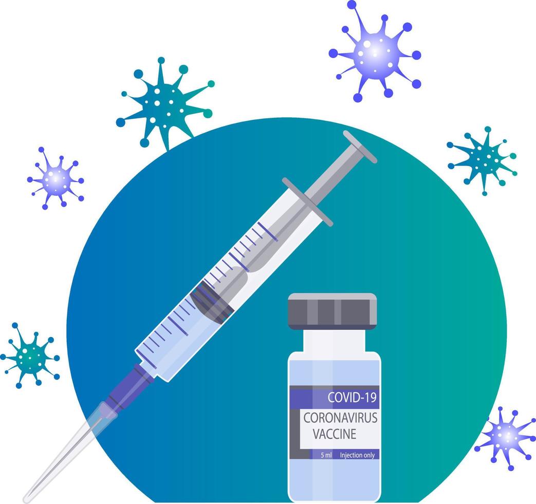 The only effective coronavirus vaccine. Glass ampoule with medicine and syringe. Timely vaccination against Covid-19. Protection against viruses and disease. vector