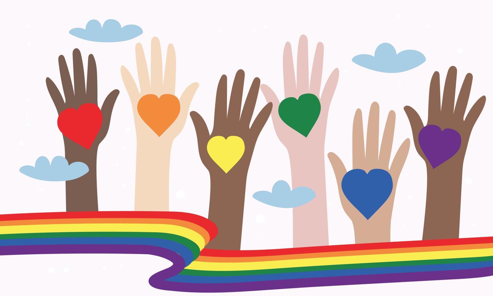 Vector illustration of LGBT community. Hands of different colors with rainbow hearts. Crowd of people with symbols at a gay parade. Color wave