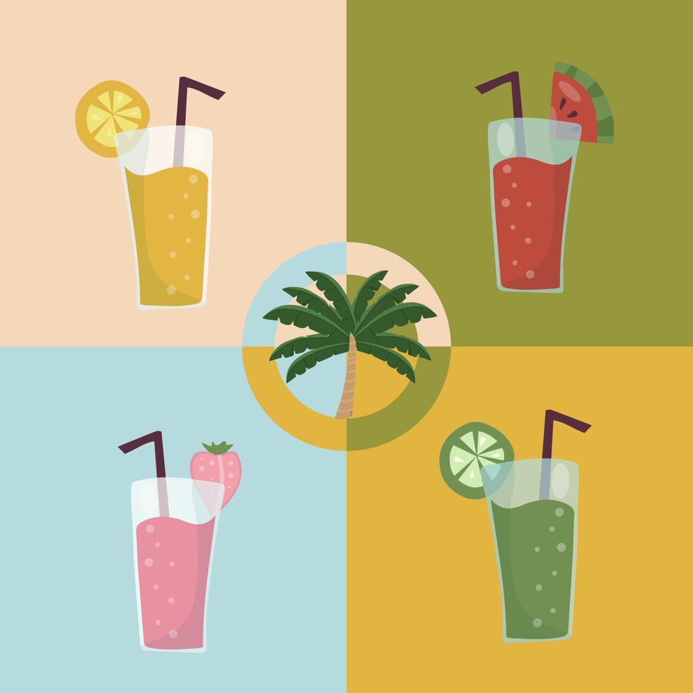 Set of summer refreshing fruit cocktails. Non-alcoholic drinks in a simple glass glass and straw. Smoothie design and fresh fruit slices. Healthy vegan food vector