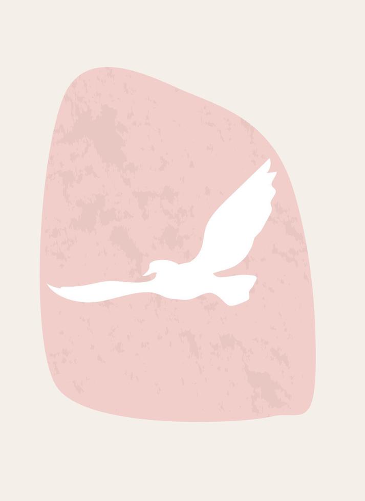 A white bird flies in the pink sunset sky. A symbol of peace, harmony and freedom. Template with abstract composition. Minimalist, boho style vector