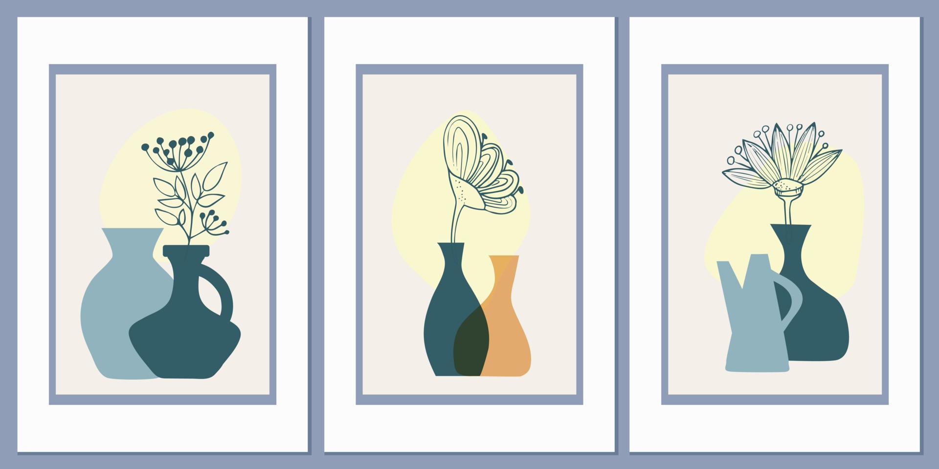 A set of templates with an abstract composition of simple shapes. Flowers in a vase. Collage style, minimalism vector