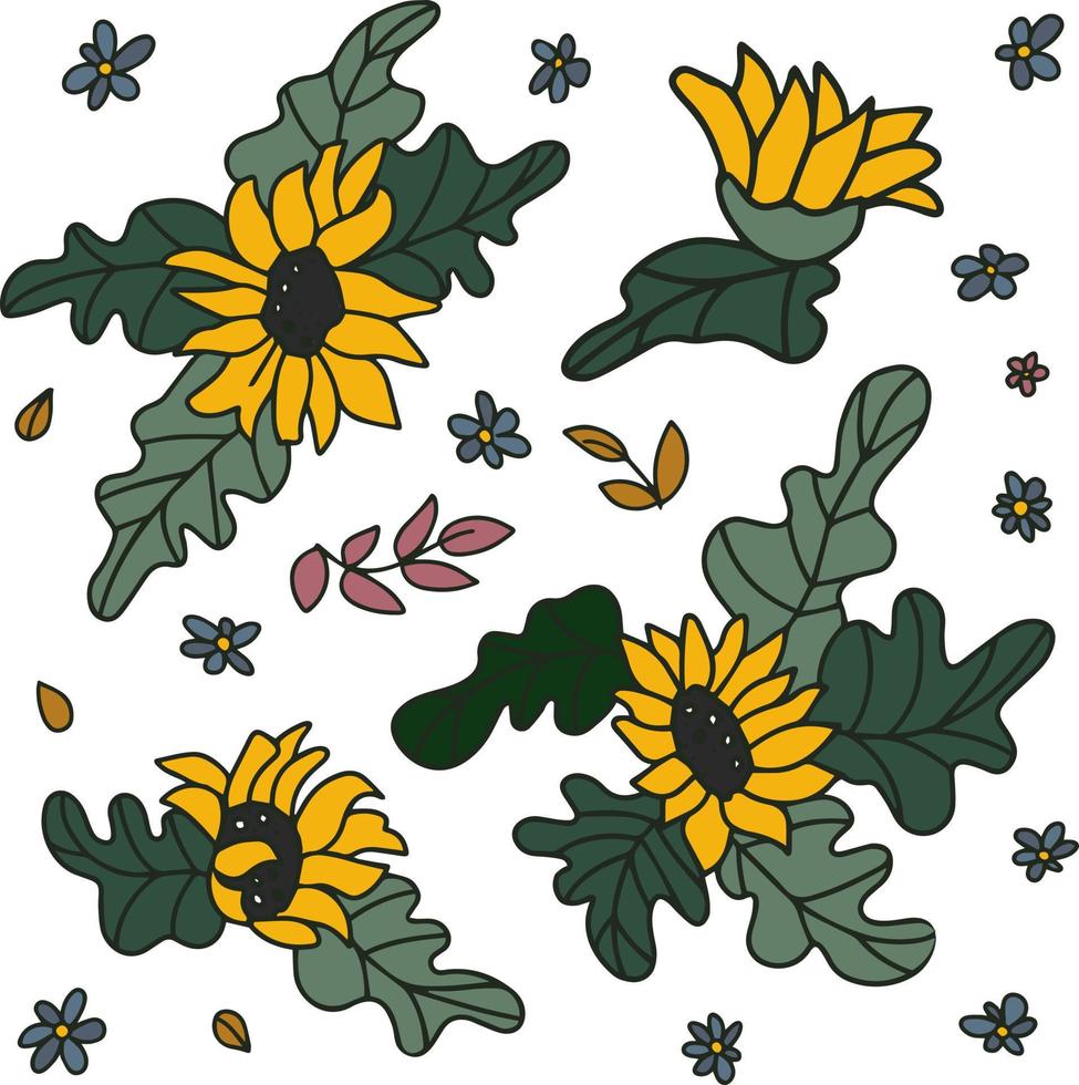 Sunflower set. The flowers are hand drawn. Vector elements for invitation design, templates, prints