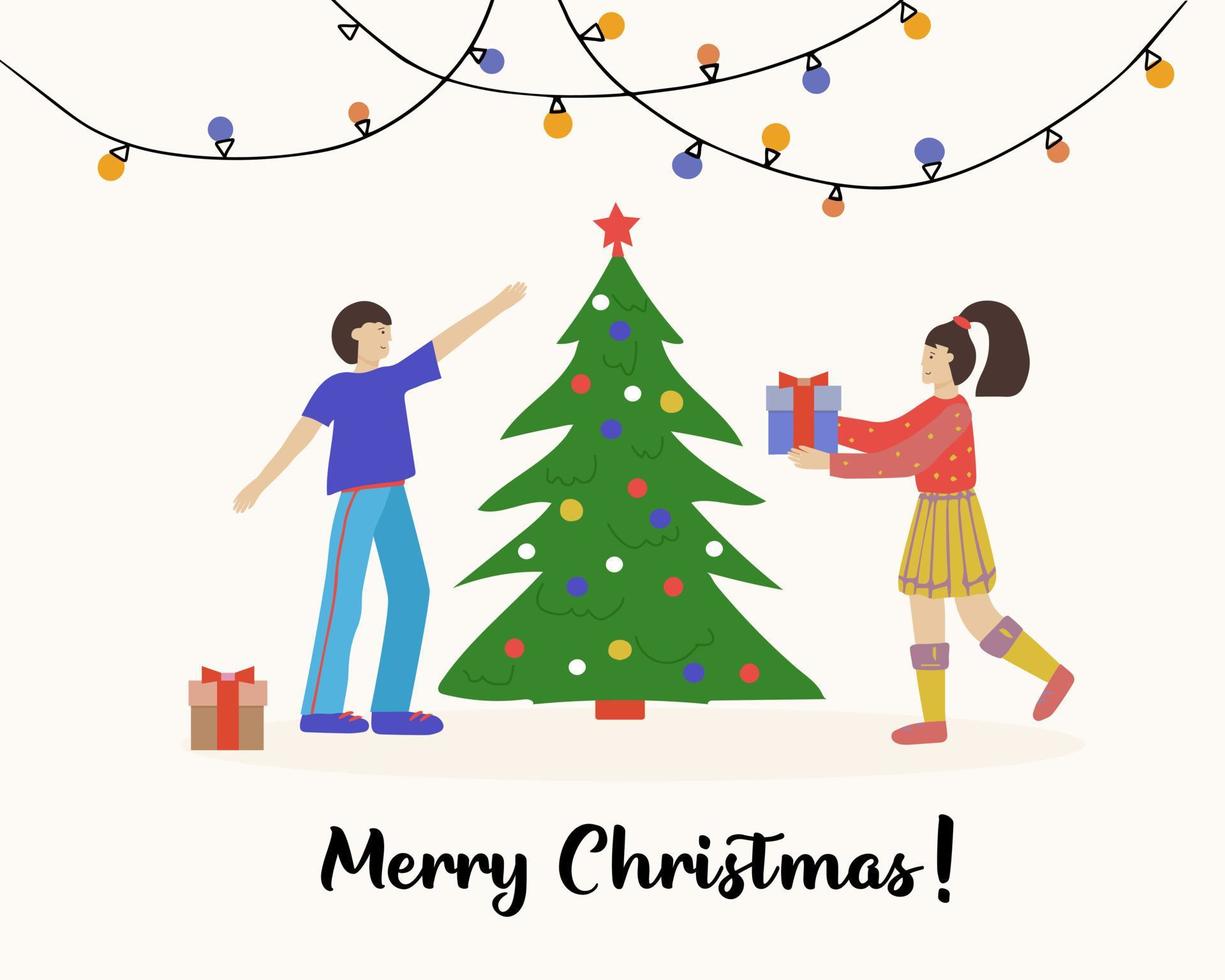 wfeliz tarjeta de felicitación de navidad. parejas felices, hombres y mujeres jóvenes decorando el árbol de navidad vector