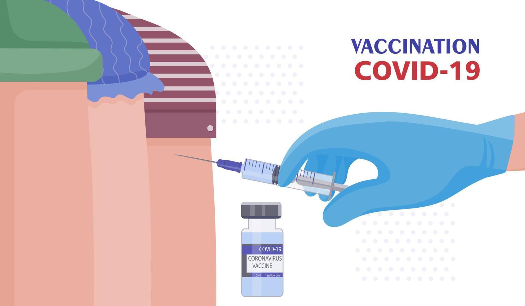 Coronavirus  vaccination. The doctor injects a dose of vaccine into the patient's arm. Antiviral shot. Safe and timely protection of the person against the virus vector