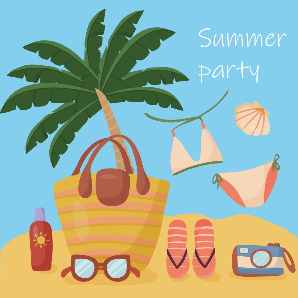 Enjoy the summer time. Set with things to do on vacation at the beach. Vector items and things for party and travel. Yellow sand, palm tree with big leaves and blue sky