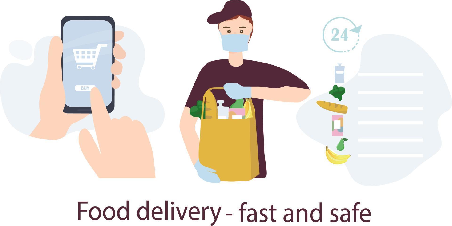 The concept of safe home food delivery. Courier in mask and glove, virus protection. Selection of goods in an online grocery store vector