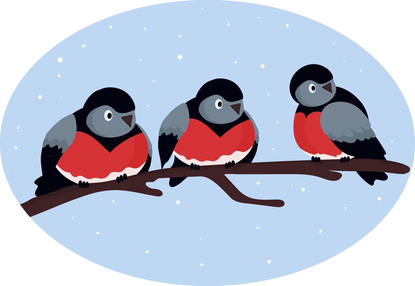 Bullfinches. Three birds sitting side by side on a tree branch. Blue sky, it is snowing vector