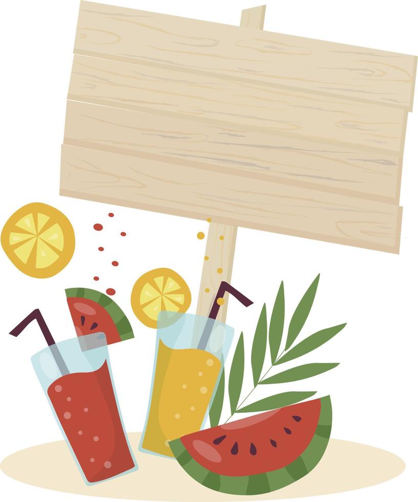 Enjoy summer time. Fruity cocktails at the beach party. Wooden shield and background for lettering and announcements. Palm leaves. Vacation and beach party concept vector