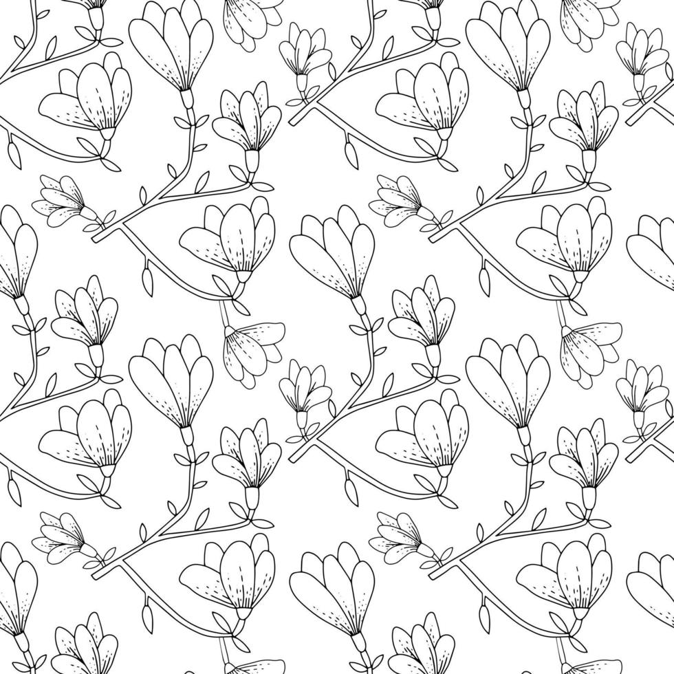 Botanical seamless pattern. Magnolia flowers on branches with leaves. Hand drawn black and white print. vector