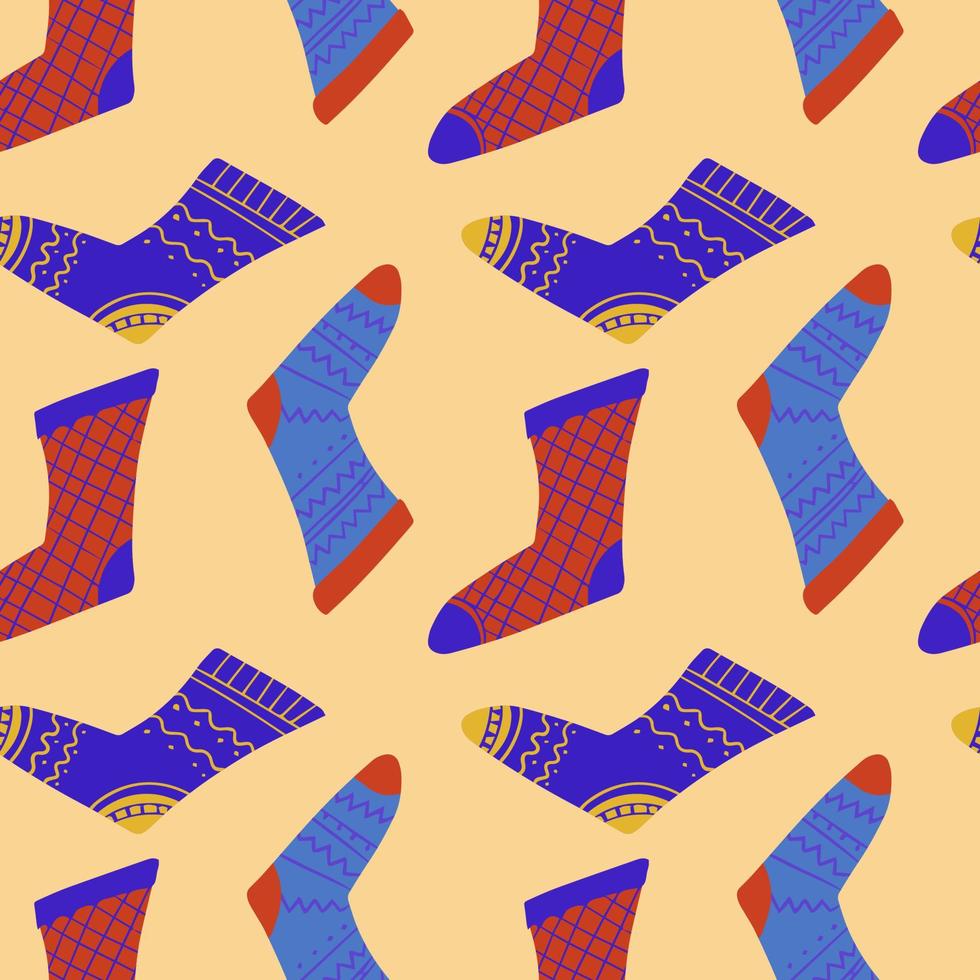 Seamless pattern of cozy knitted socks. Vector background for wrapping paper and different textile design.