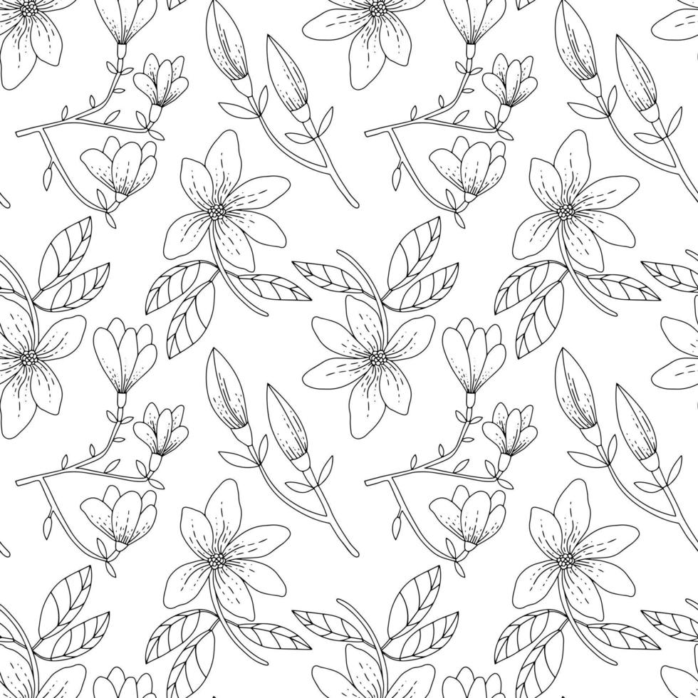 patrón botánico sin fisuras. flores de magnolia en ramas con hojas. impresión en blanco y negro dibujada a mano. vector