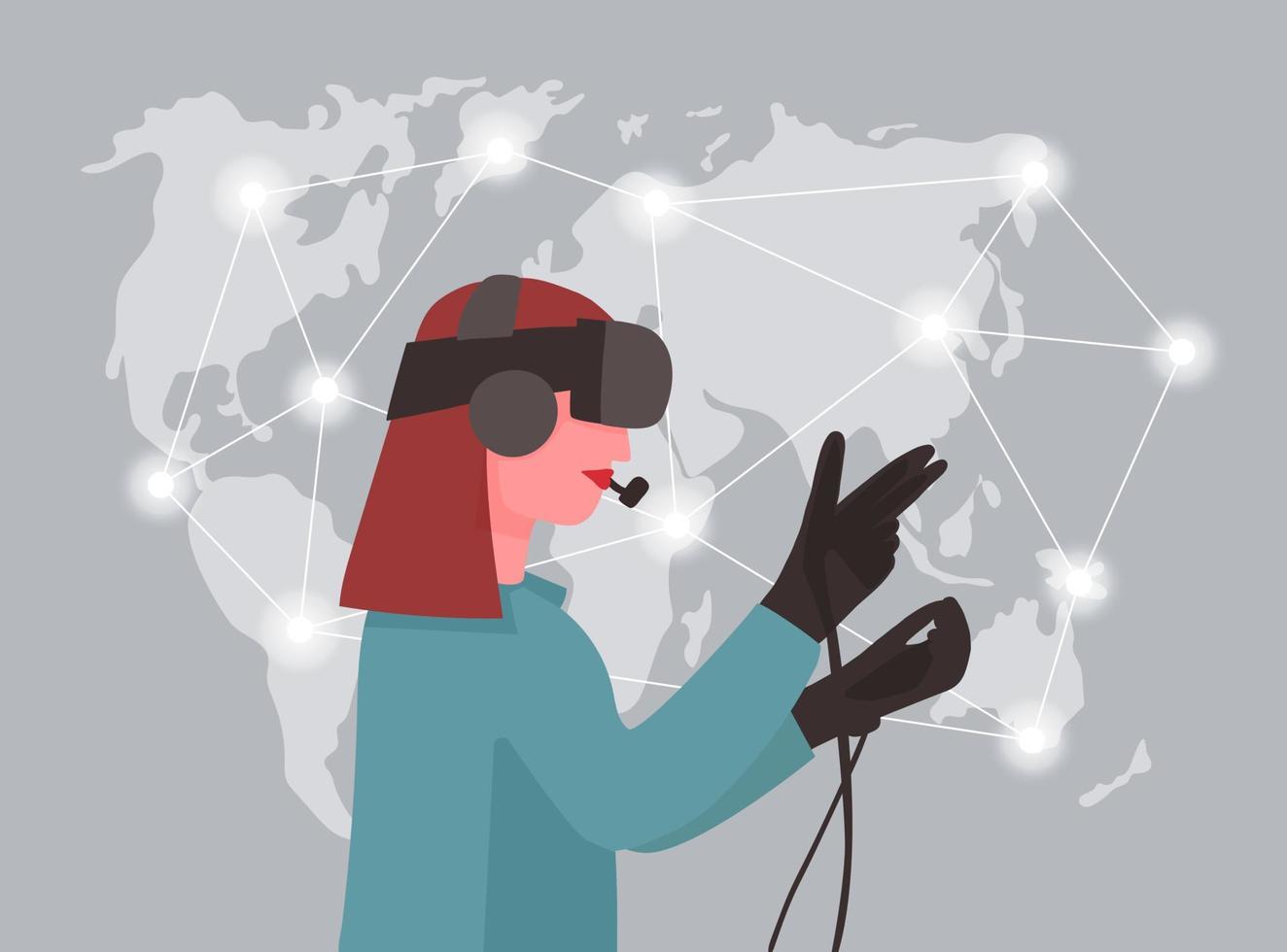 A woman wearing virtual reality glasses with her hand controls the processes in the metaverse. A global database on the Internet for doing business. Technology of the future vector