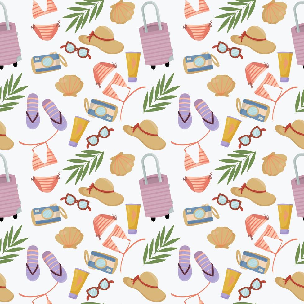 Seamless pattern with summer things and objects. beach accessories with bathing suit, flip flops and sunglasses vector