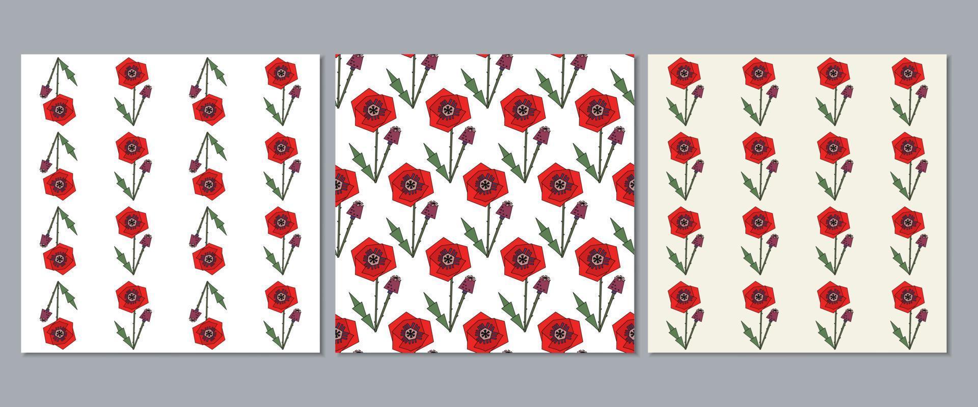 A set of botanical seamless patterns of their stylized poppies. Floral modern vector print