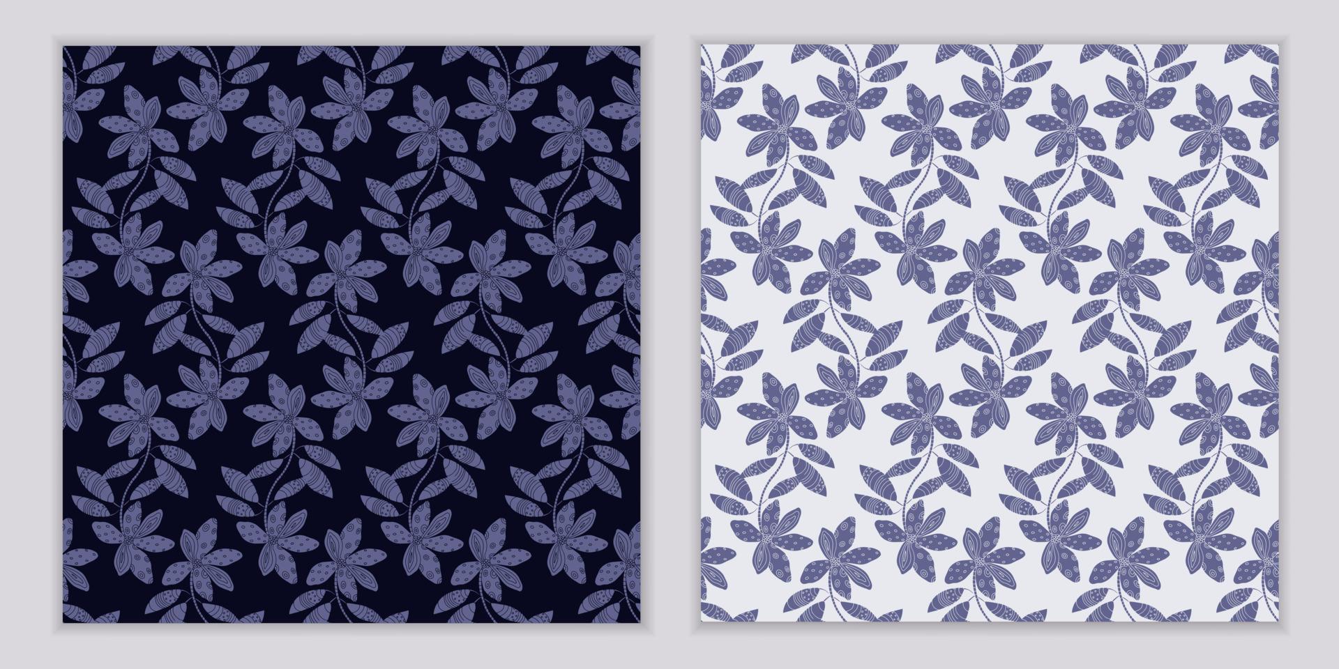 Set of two botanical seamless patterns. Flowers on branches with leaves. Hand drawn on dark and white background vector