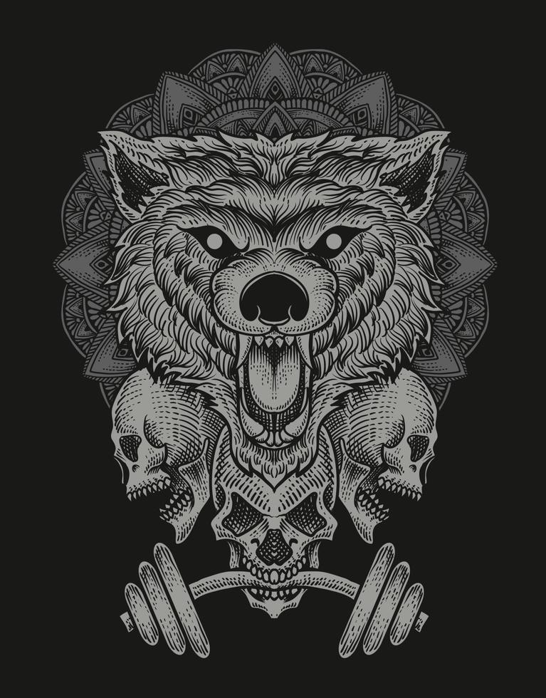 illustration baddas wolf head with skull vector