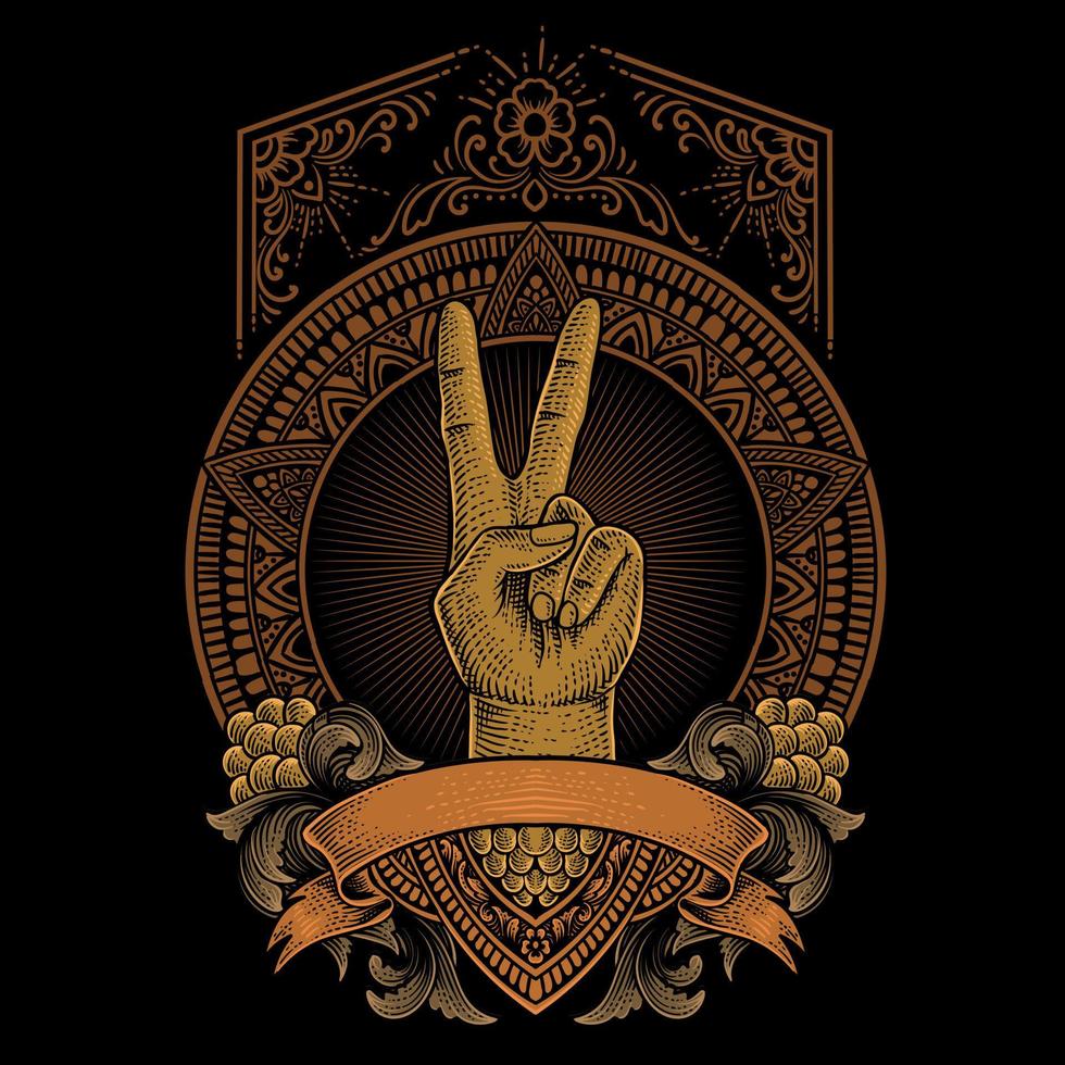 illustration peace finger with engraving ornament style vector