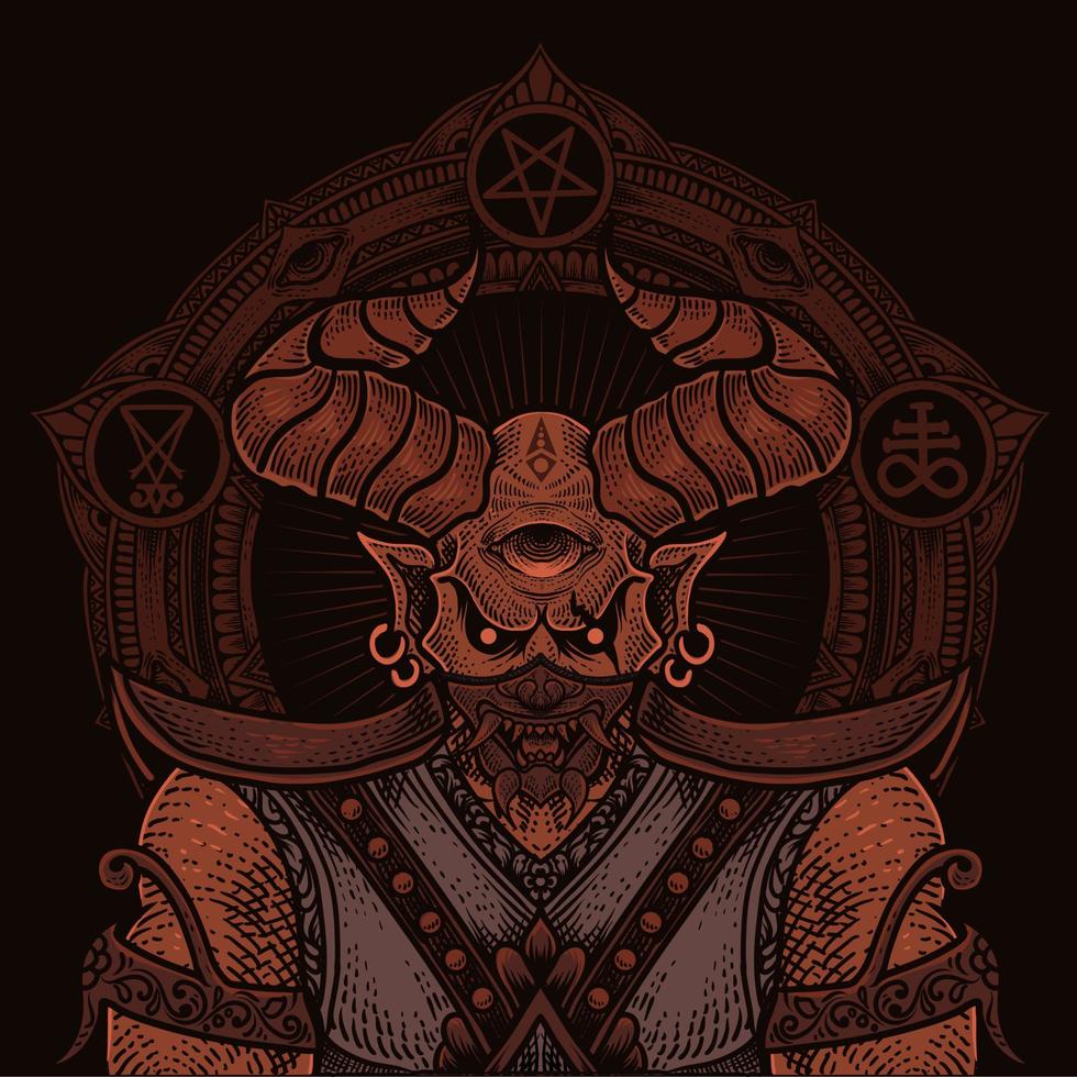 ilustración demonio rudo con mandala circular vector