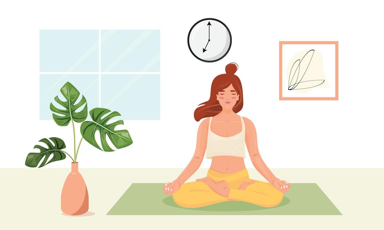 ilustración conceptual para yoga, meditación, relajación, recreación, atención médica con una mujer sentada en posición de loto. vector