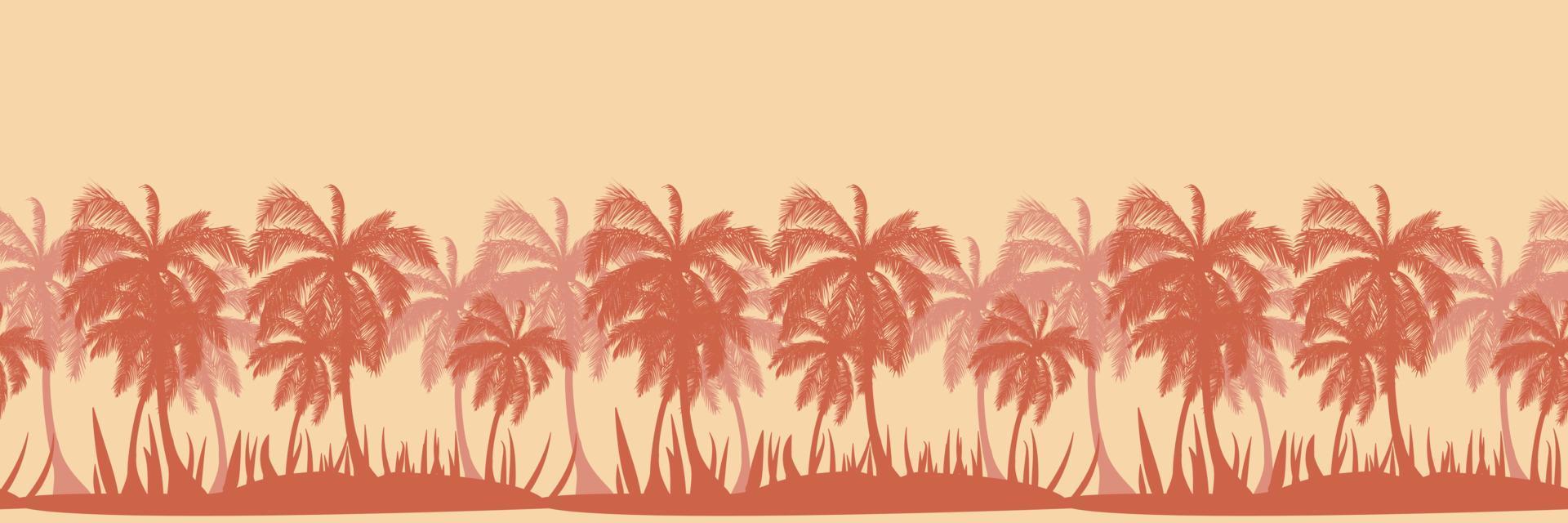 hermosa palmera silueta horizontal sin costuras. para textiles, papel, fondo, embalaje y cualquier superficie de diseño. paisaje de puesta de sol tropical de verano natural. vector