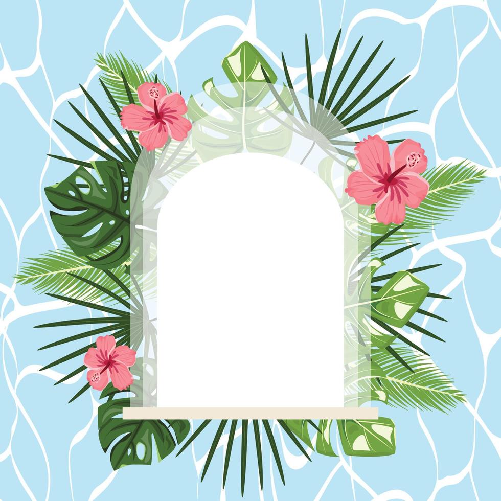 Template with colourful tropical leaves and hibiscus frame for decorative design on water background. Holiday banner, frame, border design. For cards, invitations, backgrounds, advertisements. vector