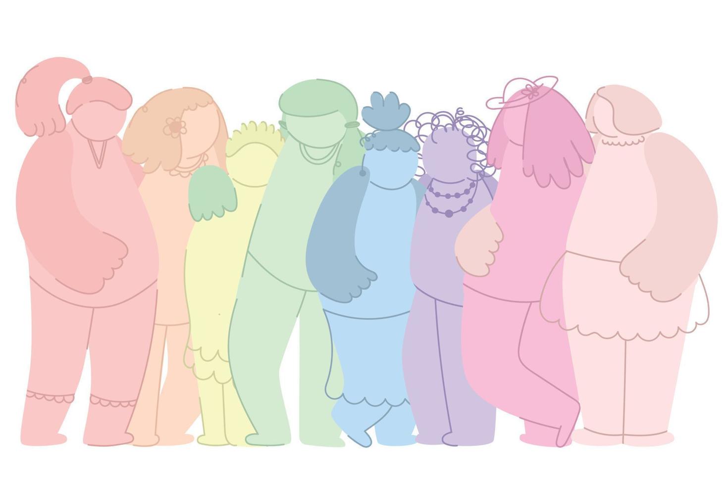 Movement against discrimination inequality, group of different women. feminism. International woman day. Girls are standing hugging together. Teamwork, togetherness, friendship. strong together vector