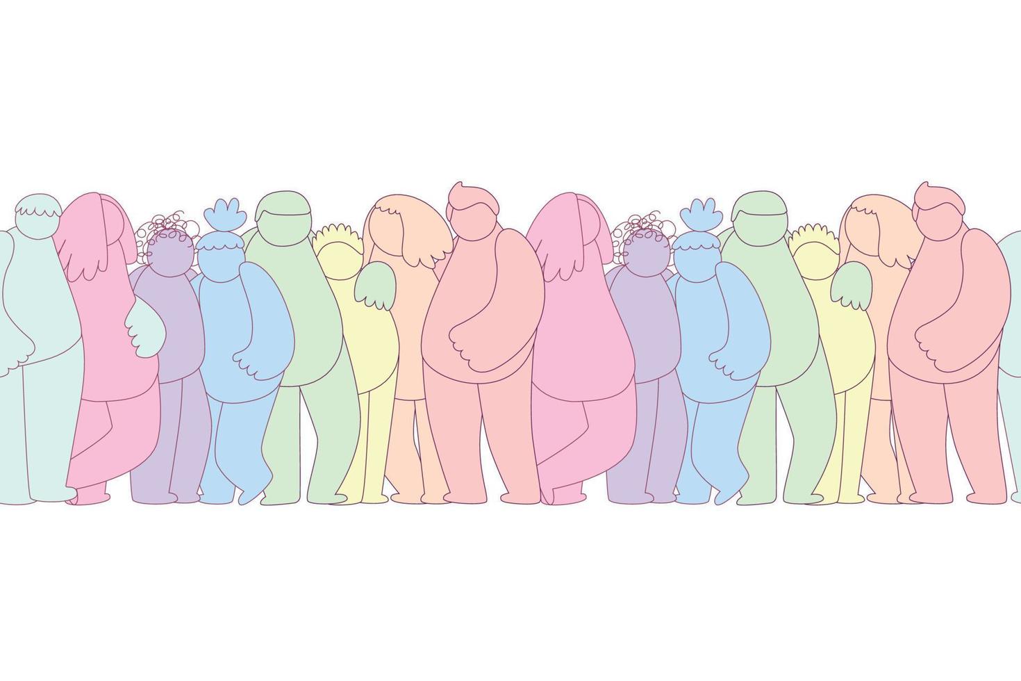 horizontal seamless border group of abstract diverse people. Friends, coworkers,volunteer standing, hugging together. Cartoon doodle characters. Teamwork, togetherness, friendship concept vector