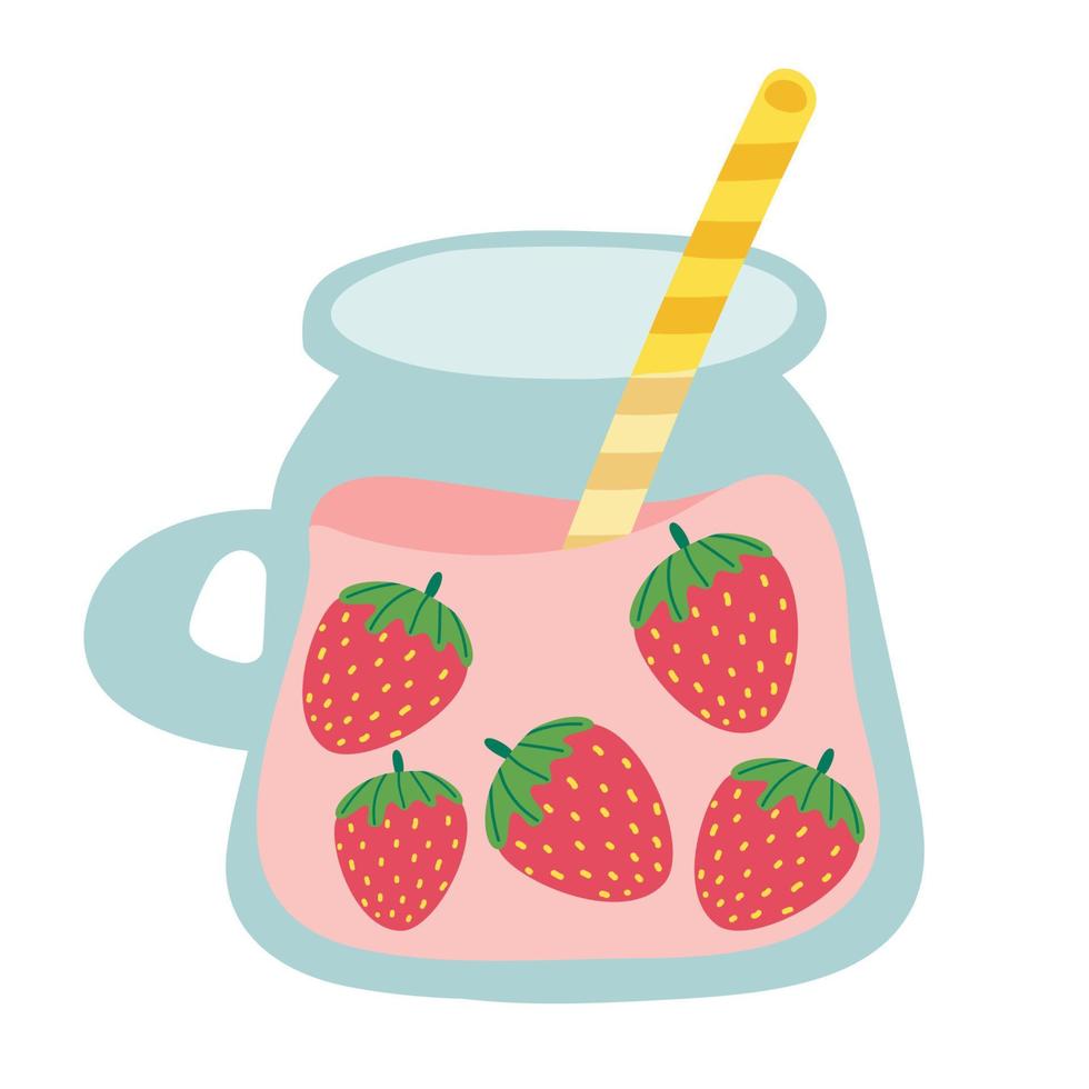 berry Smoothie. strawberry cocktail icon. jar with tube and cap on white background. Flat food vector illustration. Healthy isolated citrus drink.