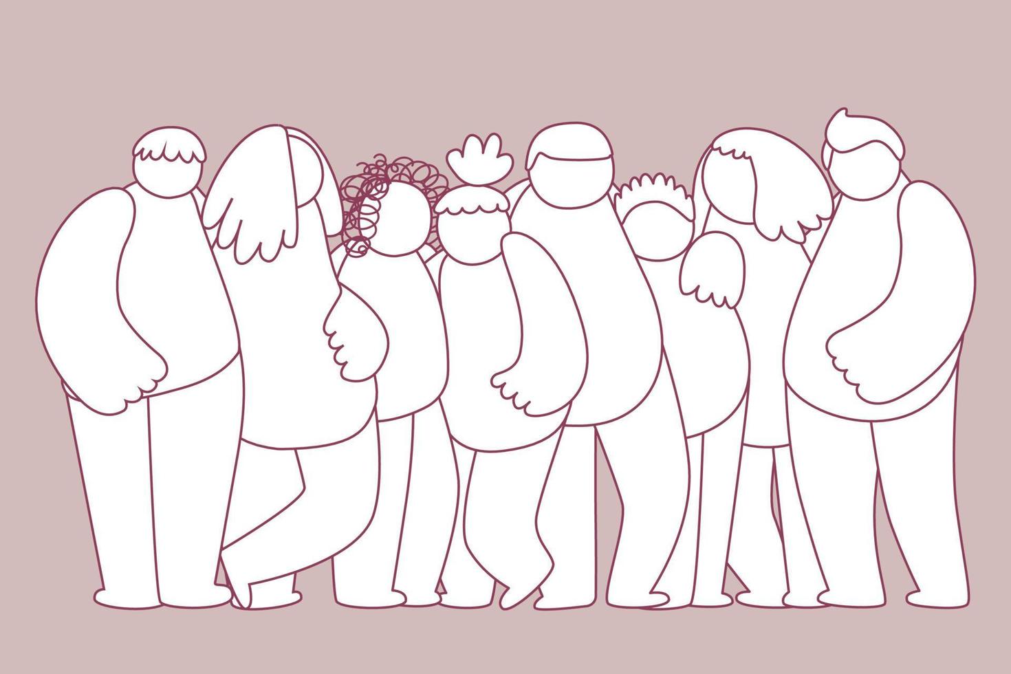 Group of simple diverse people. Friends, coworkers,volunteer,team are standing, hugging together. doodle characters are united general ideas. teamwork, reconciliation, friendship concept vector