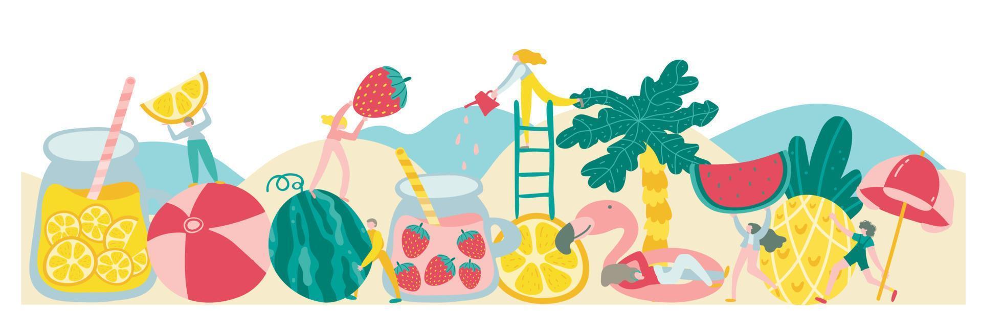 Summer scene, group of tiny people having fun against the huge cocktail, drinking beverage, playing on the beach. Party concept. juice, tropical beverage. Trendy banner, border, background vector