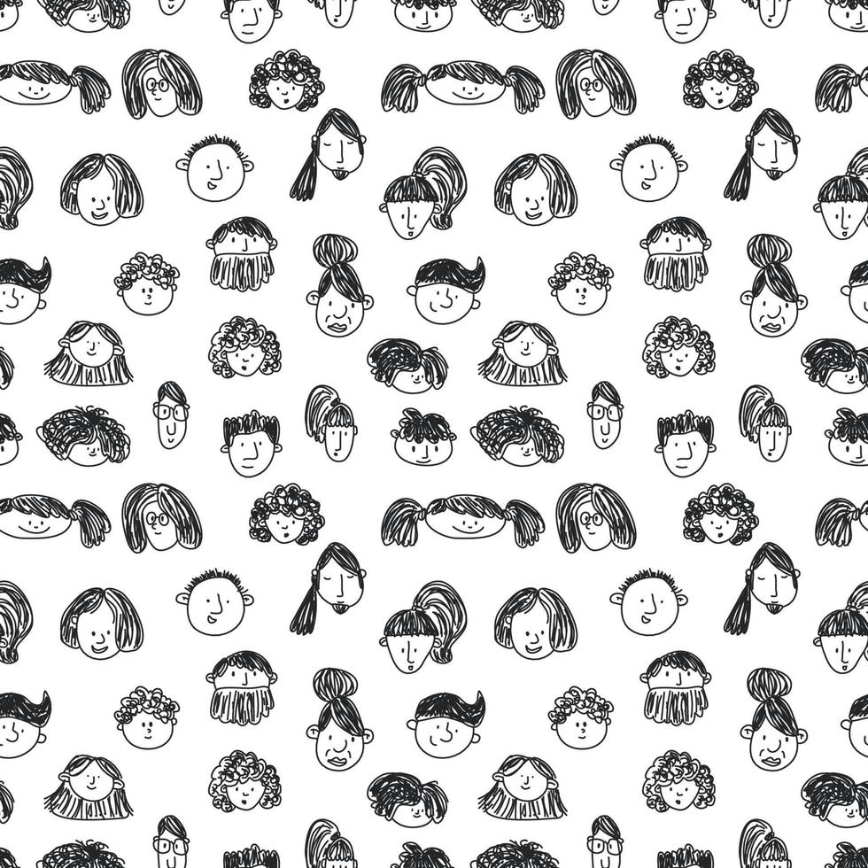 seamless pattern with peoples faces. black and white Sketch. Hand-drawn doodle style.. Line art. Different men and women. Cartoon characters. Vector illustration