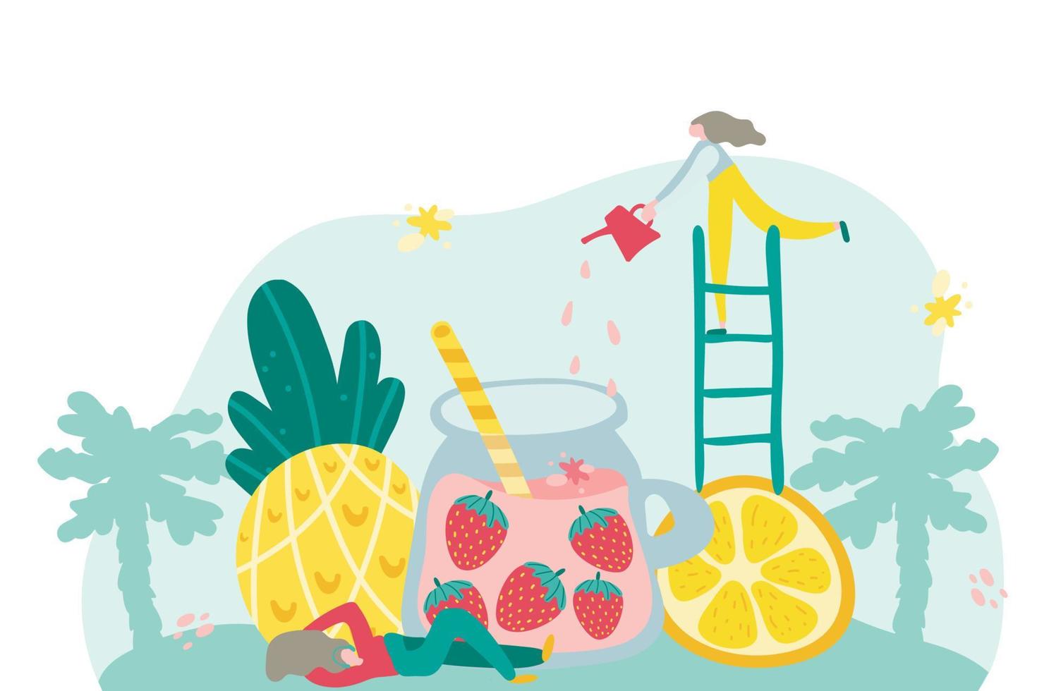 Tiny People Character Making Cocktail. Putting Ingredients Into Huge Glass. Vector illustration. Cartoon cute characters doing fruit beverage with strawberry. Summer beverages and drinks concept