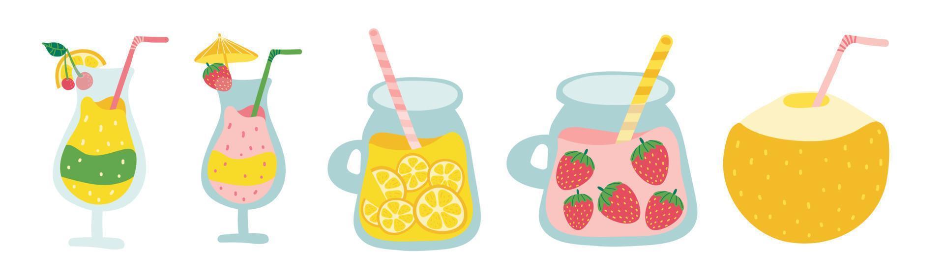 juego de cócteles tropicales. colección de cócteles de frutas frescas sobre fondo blanco. conjunto de sabrosos jugos recién exprimidos. vector