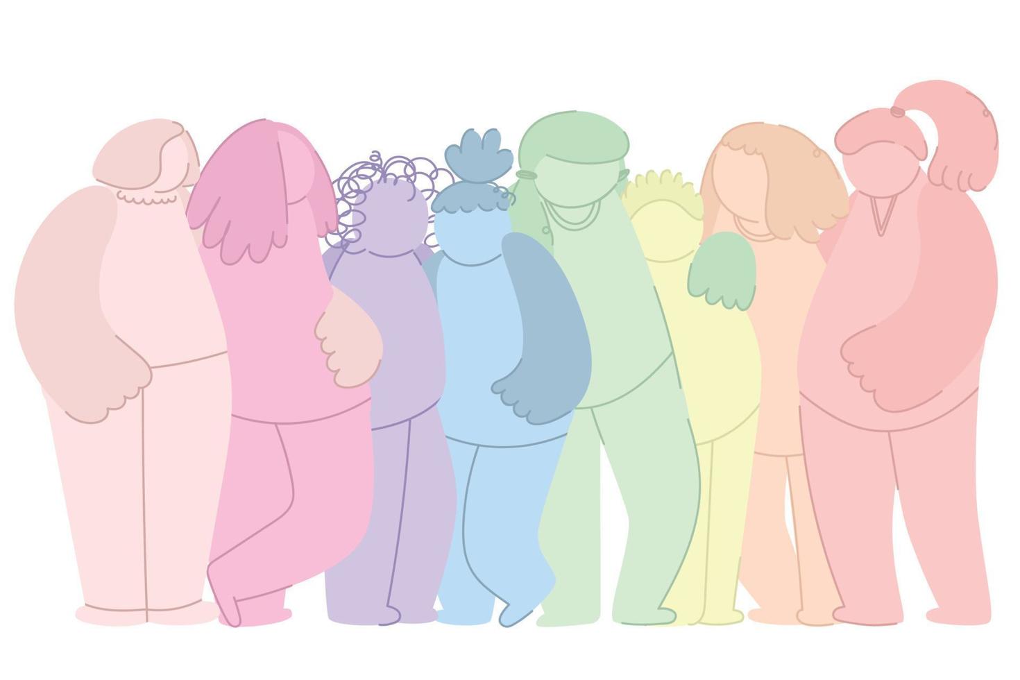 Movement equality of women, group of different women. Break the bias. woman feminism. International woman day. Girls are standing, hugging together. Teamwork, togetherness, friendship. drawn Vector
