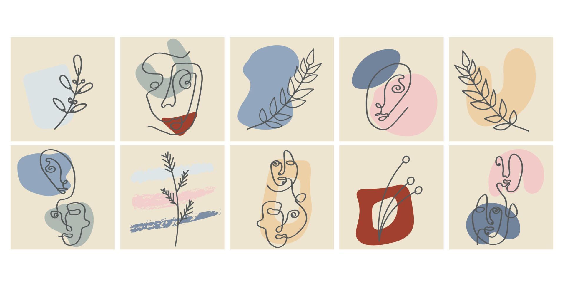 Various faces, leaves and abstract shapes. Contemporary vector illustrations on color backgrouds. Line, minimalistic elegant concept. Perfect for social media, cards, postcards.