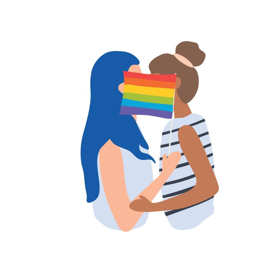 dos chicas se besan por una bandera lgbt. lesbianas mes del orgullo mujer con cabello largo azul y mechón de cabello. ilustración vectorial aislado sobre fondo blanco. vector