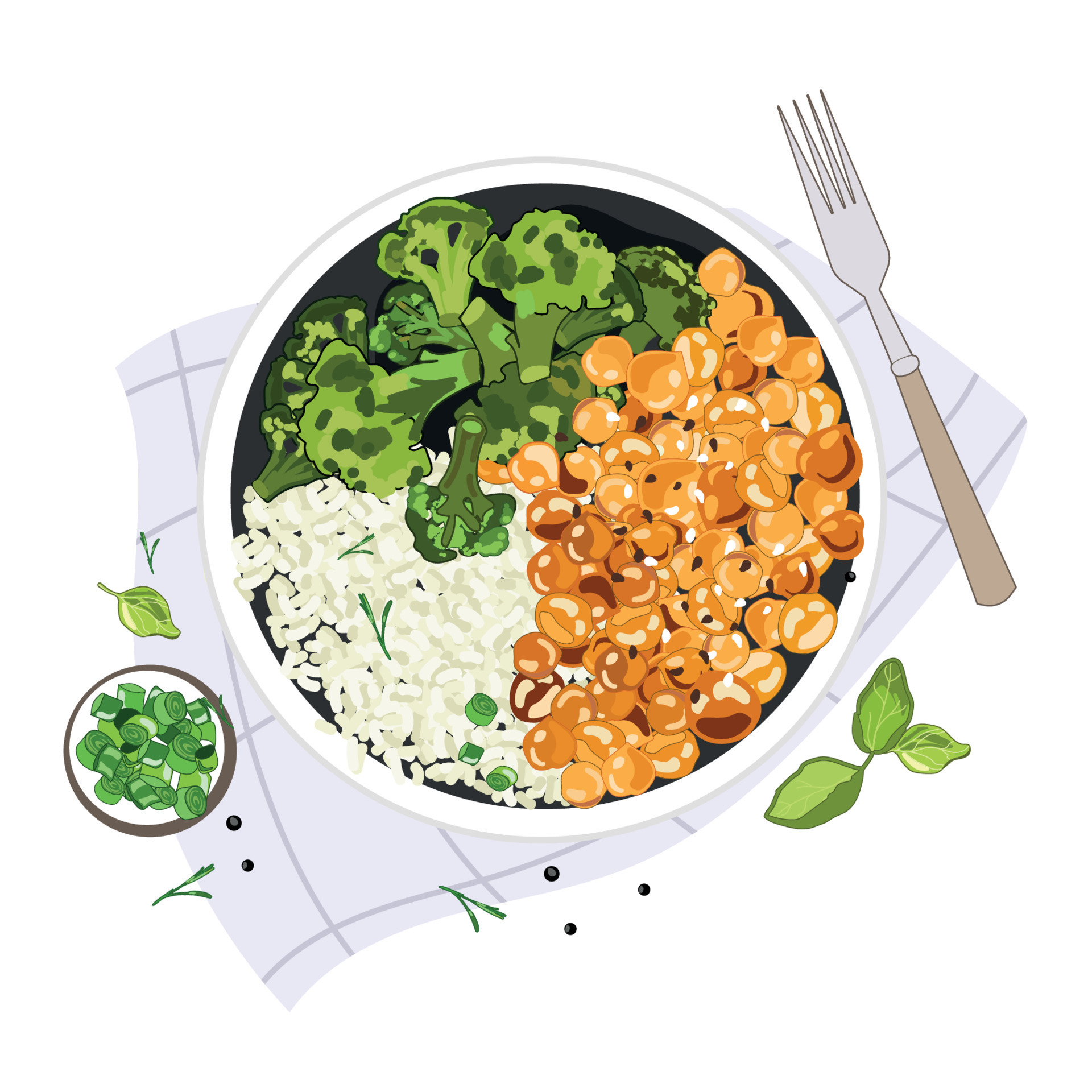 Chickpeas with rice and broccoli bowl top view,cartoon realistic