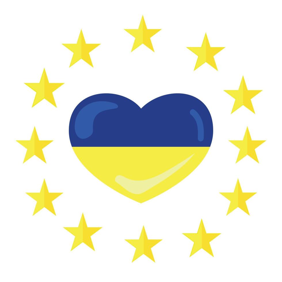 Ukrainian flag in the shape of a heart in a frame of twelve stars of the European Union,vector illustration on a white background.Ukrainian heart symbol,support and solidarity concept. vector